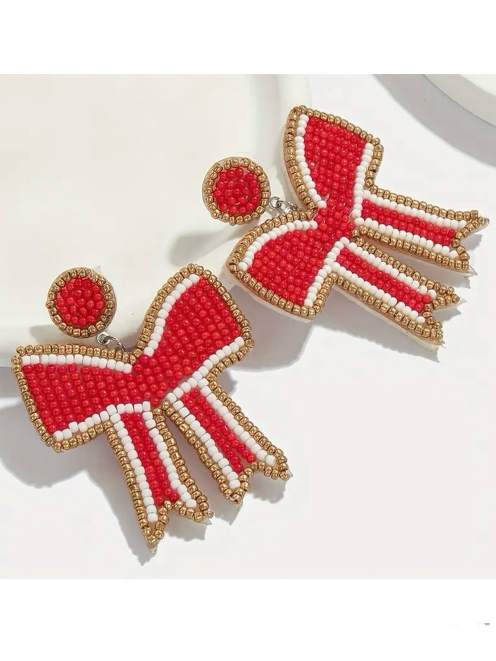 RED, WHITE & GOLD BOW BEADED STUD EARRINGS-NEW-GAME DAY GAMEDAY